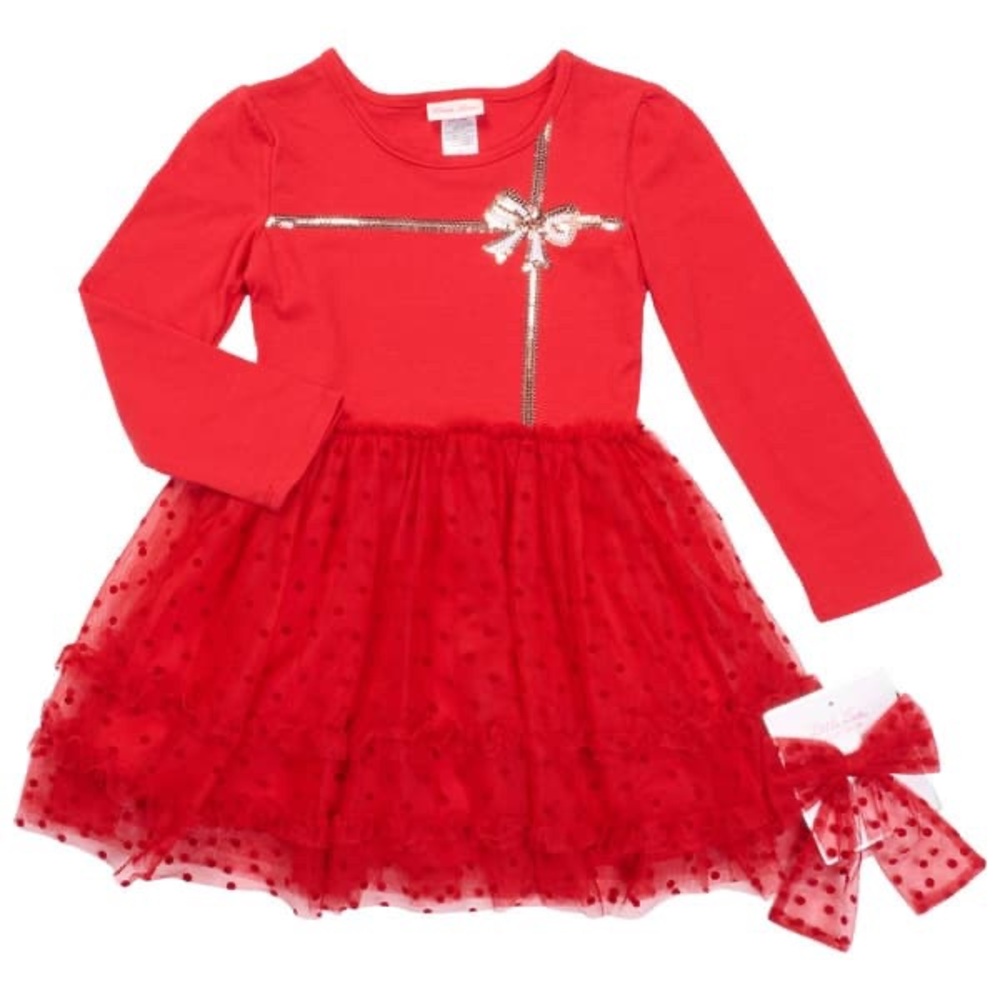 New Little Lass Sequin Present Mesh Dot Red Dress Size 4T